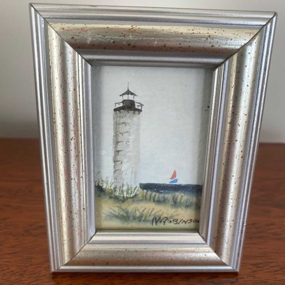 Mini Lighthouse Watercolor, Framed, signed by Artist Nancy Robinson of Maine